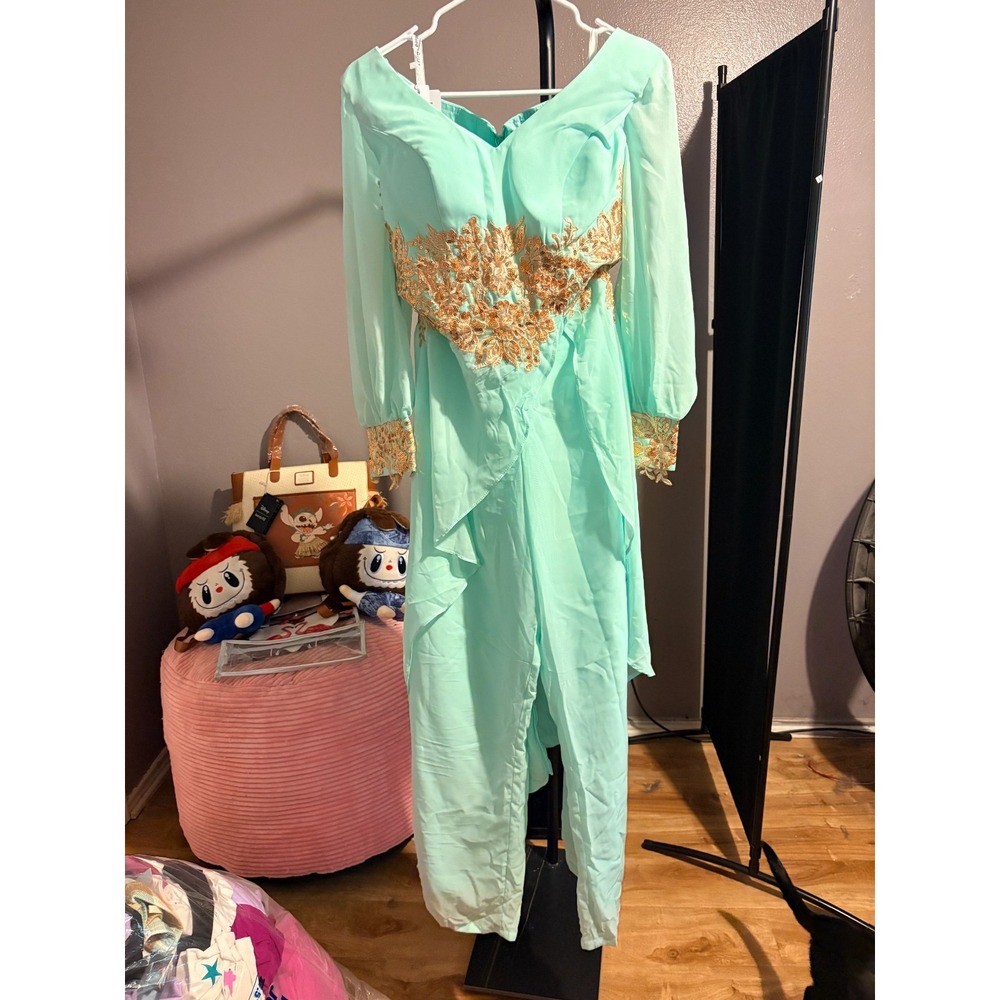 Party Prom Dress - Mint Green One Piece with Gold Floral Applique Sz 10